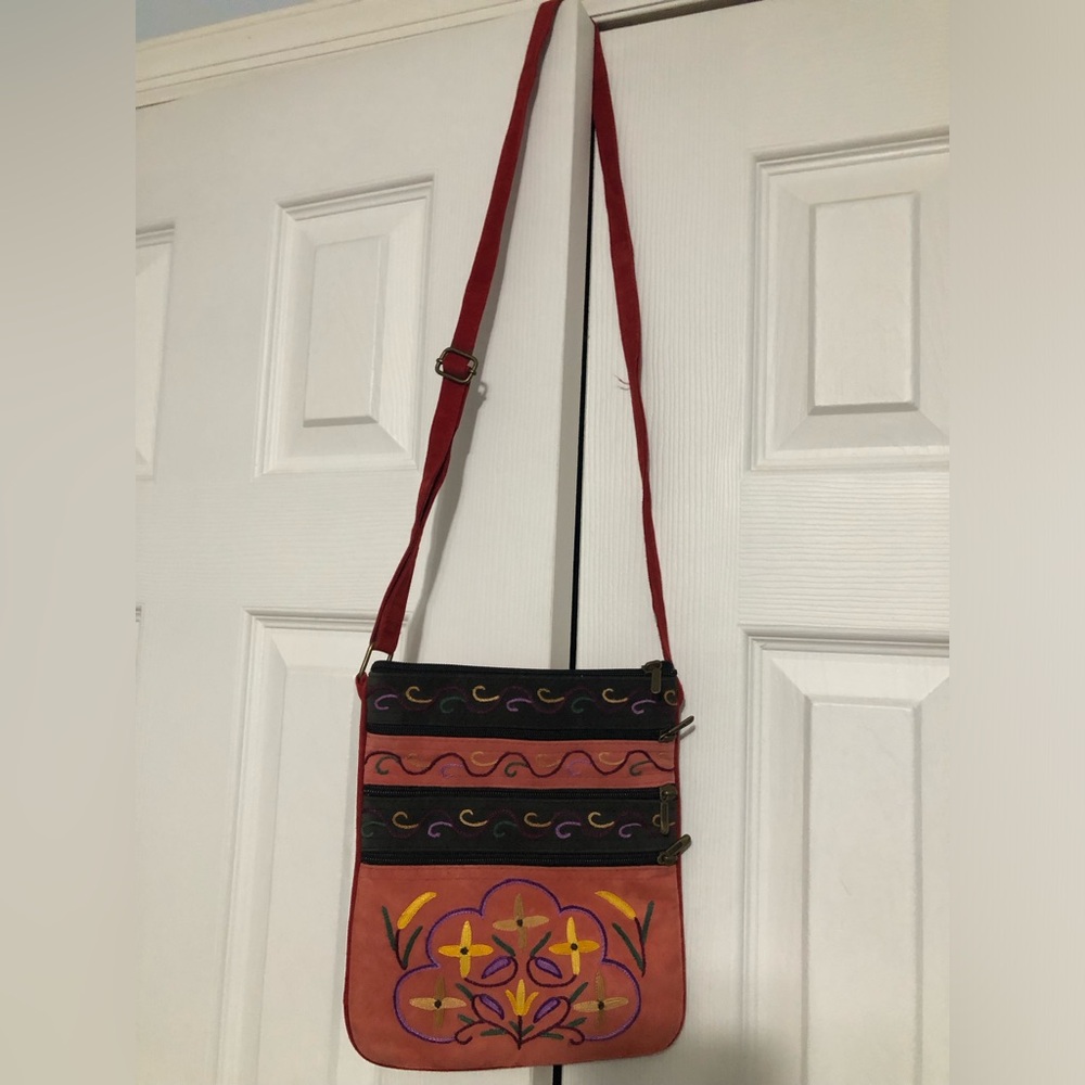 Embroidered floral suede feeling fall color purse‎ crossbody boho Aztec